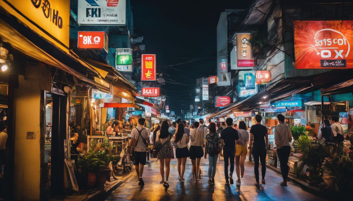 A group of young adults exploring the colorful streets of Bangkok, captured in a vibrant and bustling cityscape photograph.