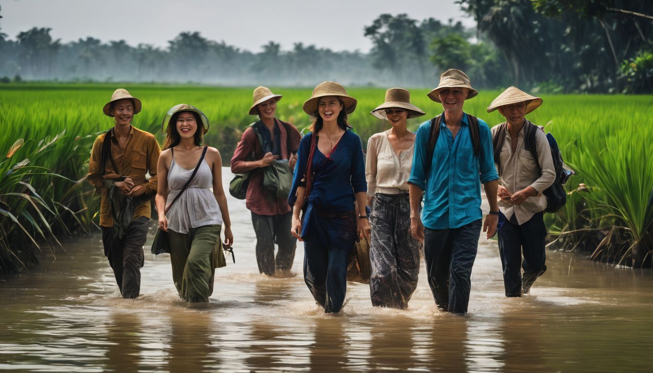 A diverse group of travelers explores the vibrant Mekong Delta in lightweight clothing.