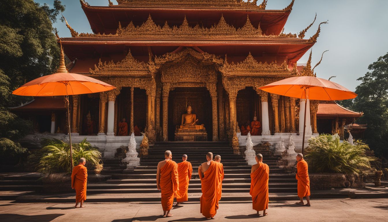 A vibrant temple with monks in orange robes against a tranquil backdrop, captured in a captivating photograph.