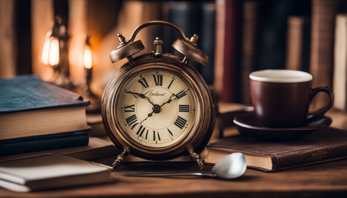 A vintage clock sits on a desk surrounded by books and a cup of coffee in a bustling atmosphere.