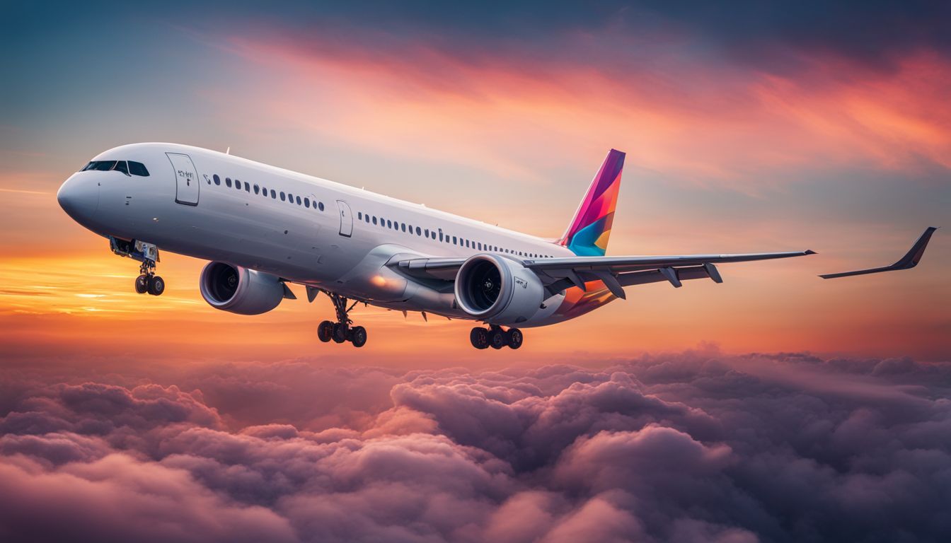 The photo captures a picturesque scene of an airplane taking off against a vibrant sunset sky.