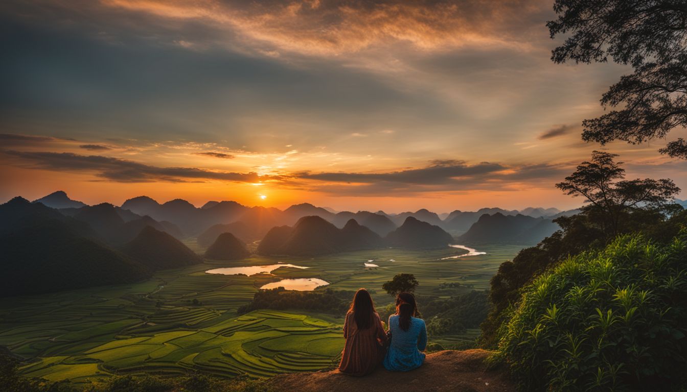 A stunning photograph of a vibrant Vietnamese landscape at sunset, featuring diverse individuals and a bustling atmosphere.