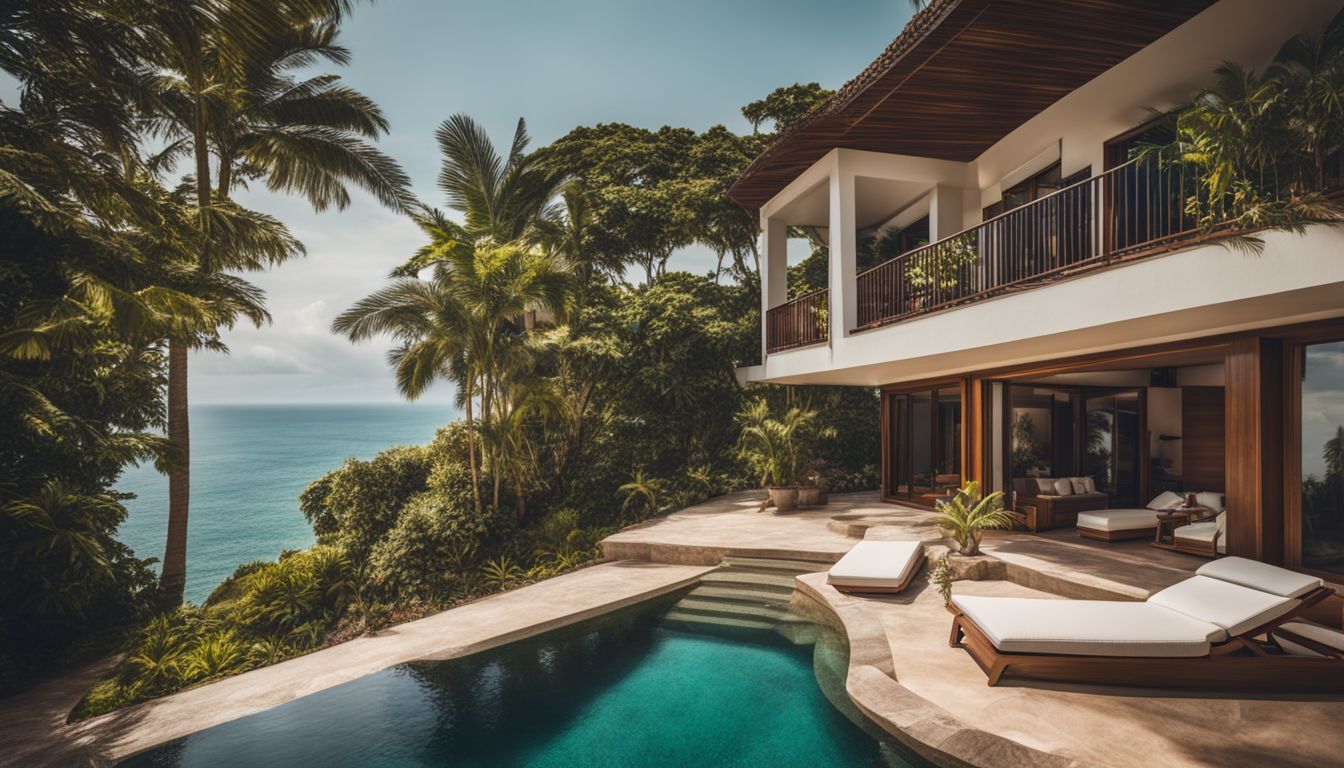 A luxurious villa with a private pool and stunning ocean view, surrounded by lush tropical gardens.