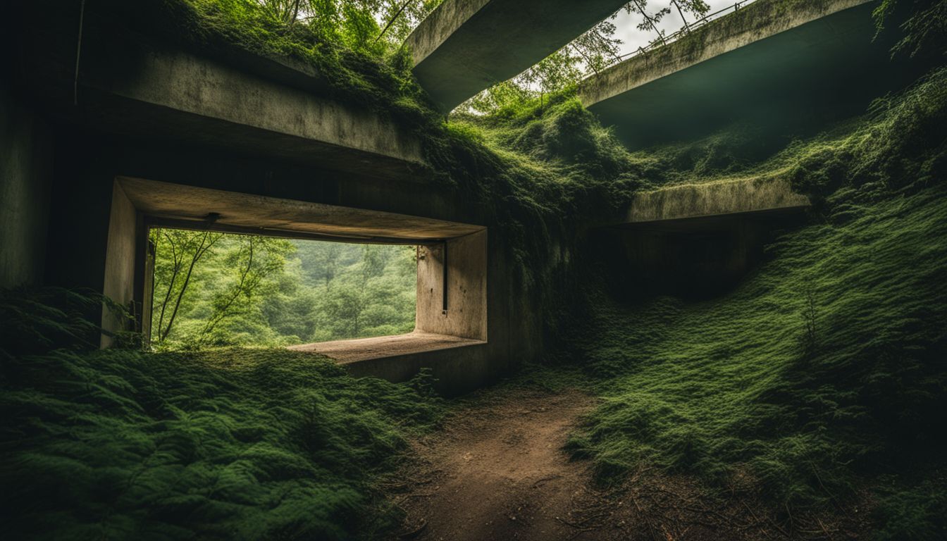 A photo of an abandoned military bunker in the overgrown DMZ surrounded by vegetation.