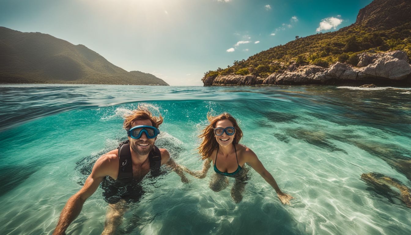 The photo depicts a couple snorkeling in clear waters, enjoying the bustling atmosphere of an underwater paradise.