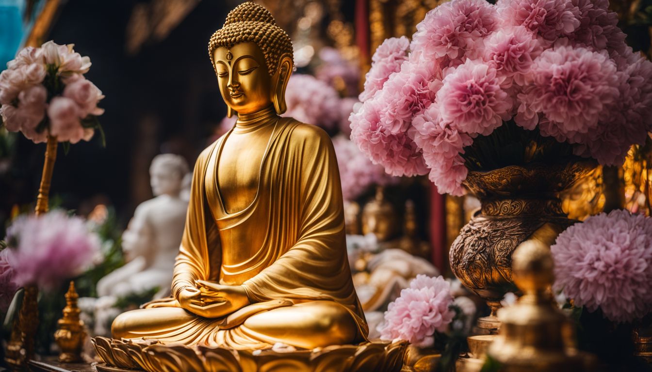 A beautiful golden Buddha statue surrounded by flowers and incense, photographed in a bustling atmosphere with attention to detail and clarity.