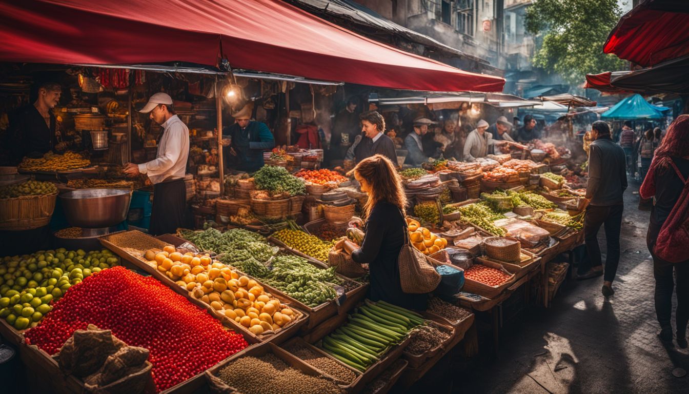 A colorful street market with diverse vendors selling local foods and goods, captured with high-quality photography equipment.