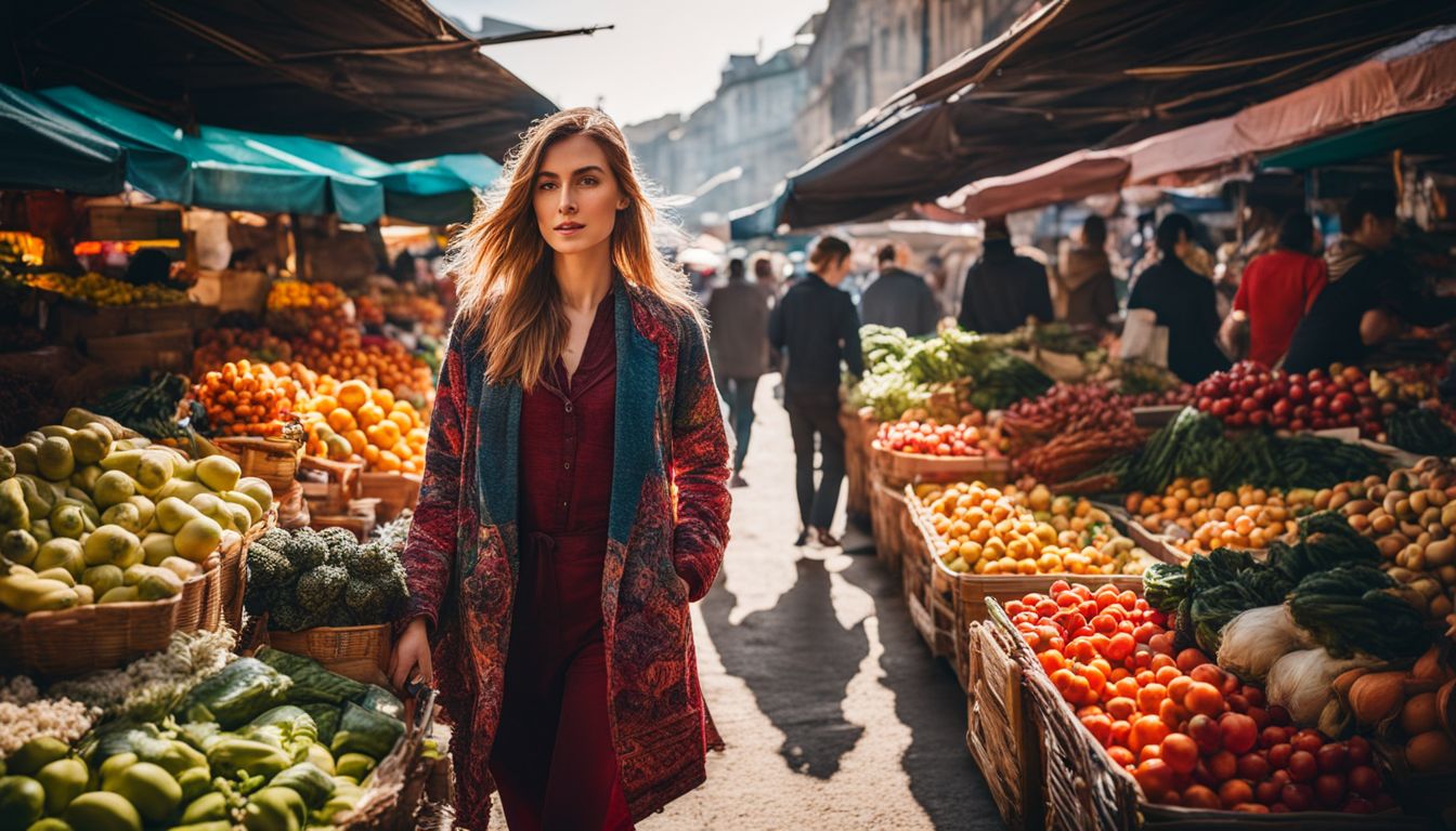 A woman walks through a vibrant local market surrounded by a variety of fruits and vegetables.