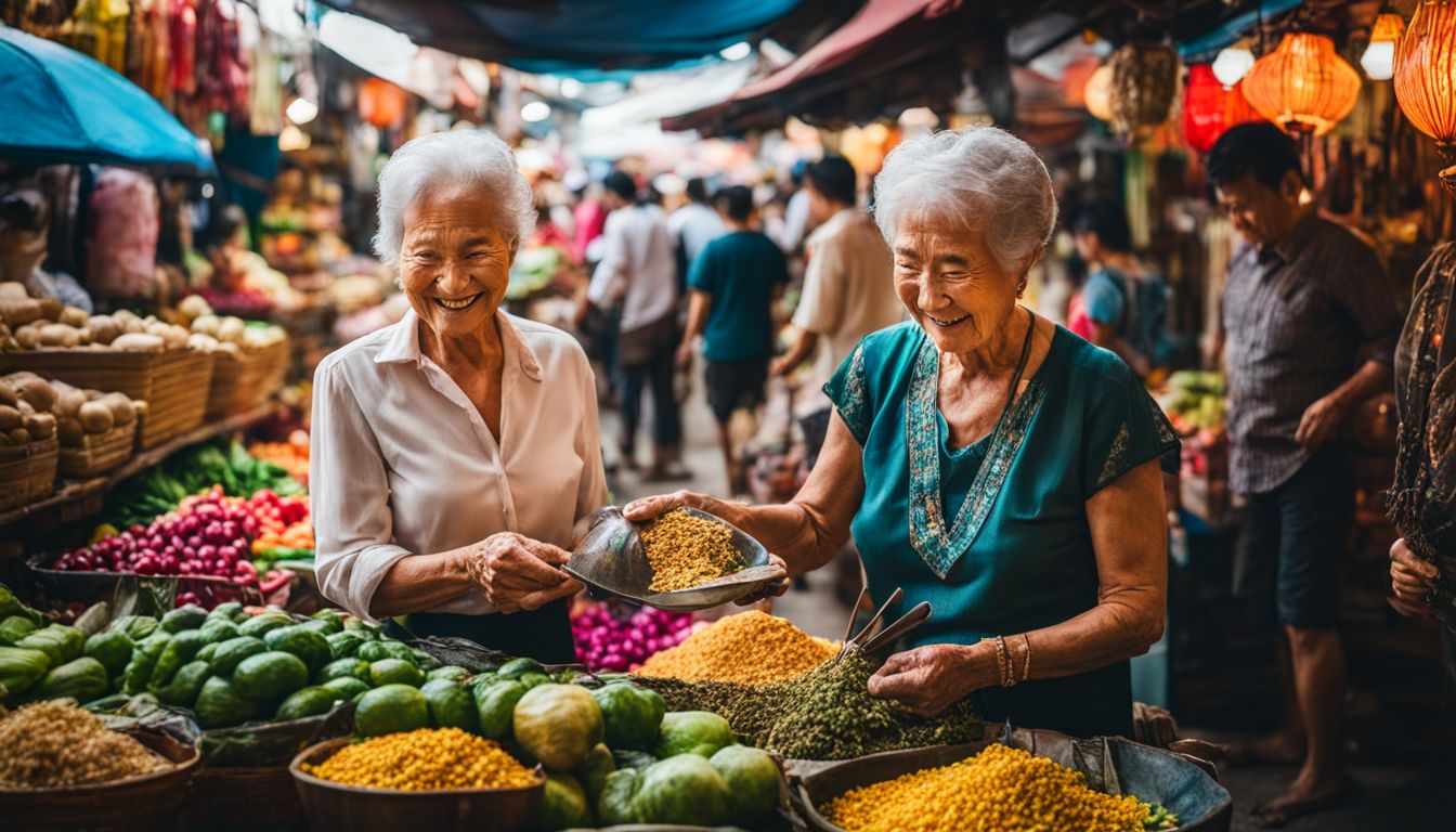 A senior couple explores a vibrant Thai street market surrounded by colorful stalls and bustling crowds.