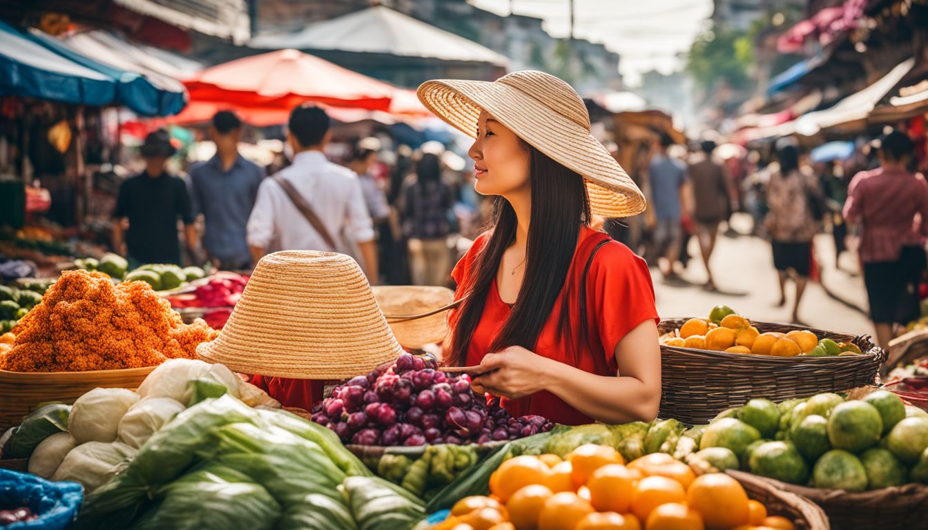 A woman wearing a sun hat explores a vibrant Vietnamese street market.
