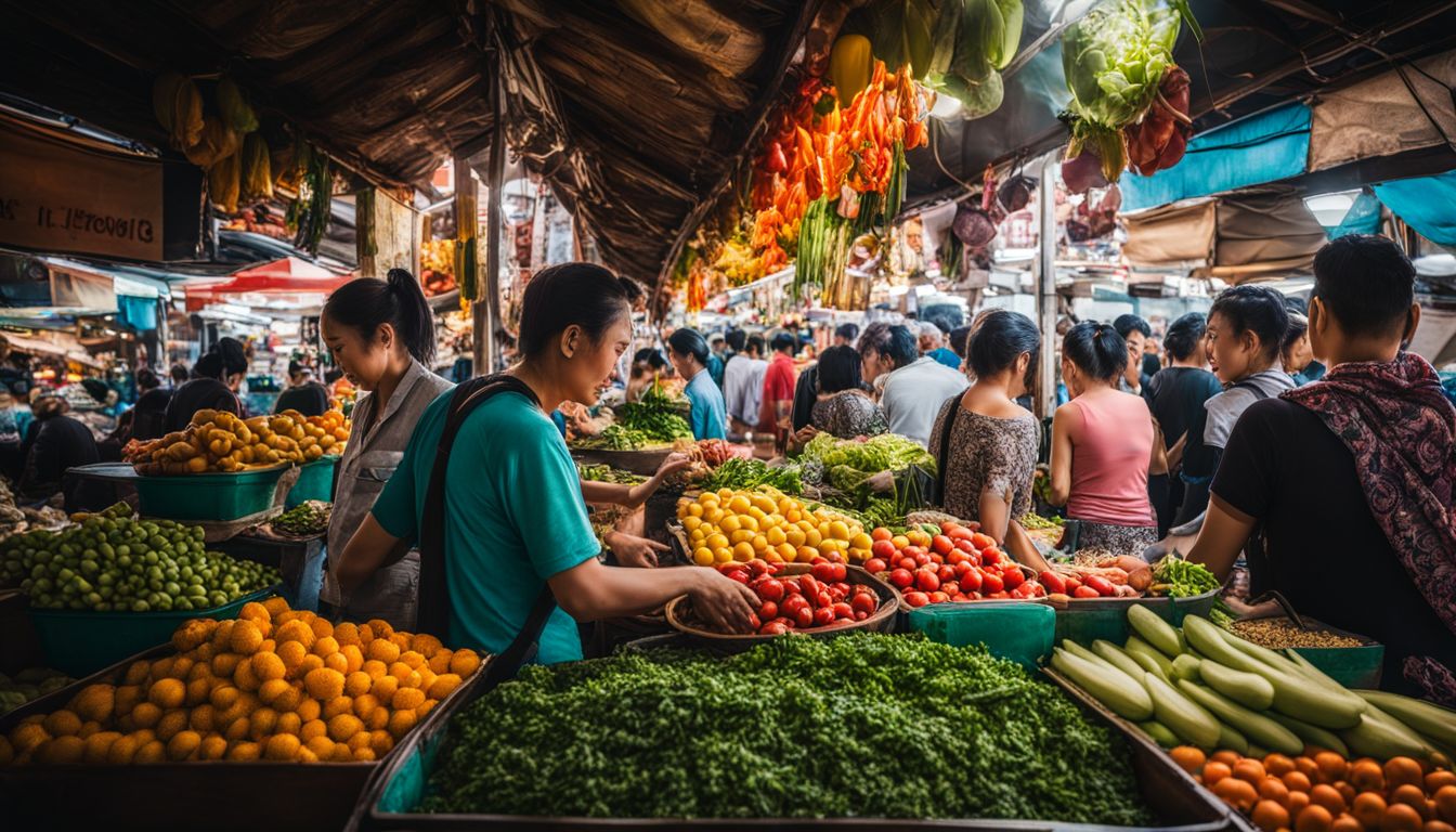 A vibrant local market filled with colorful produce and traditional Thai street food.
