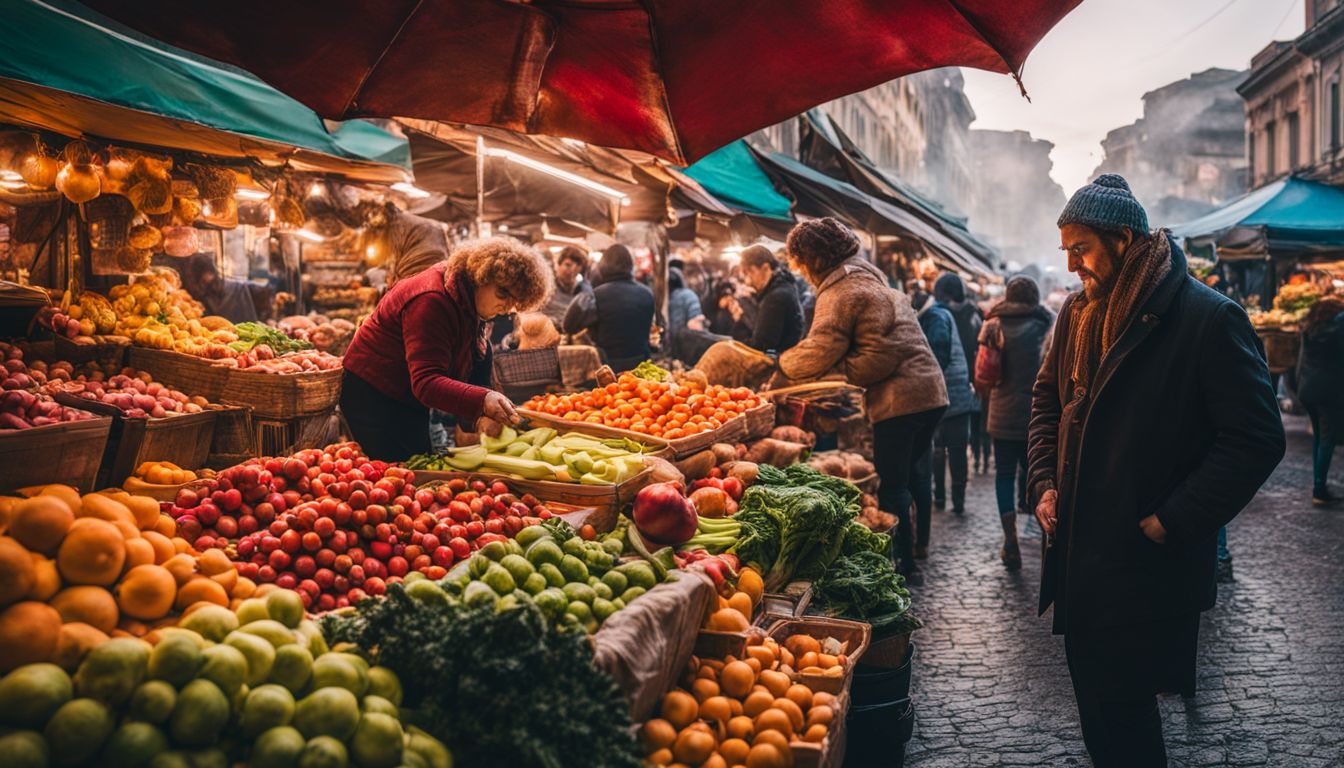 A vibrant market scene with a variety of colorful fruits and vegetables, bustling with people and lively energy.