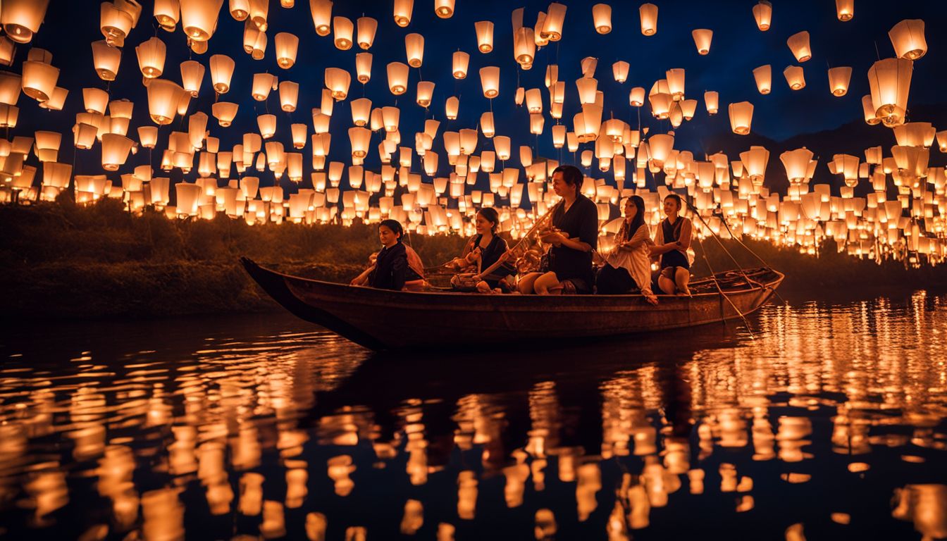 A photo of floating lanterns illuminating a river at a lively night festival.
