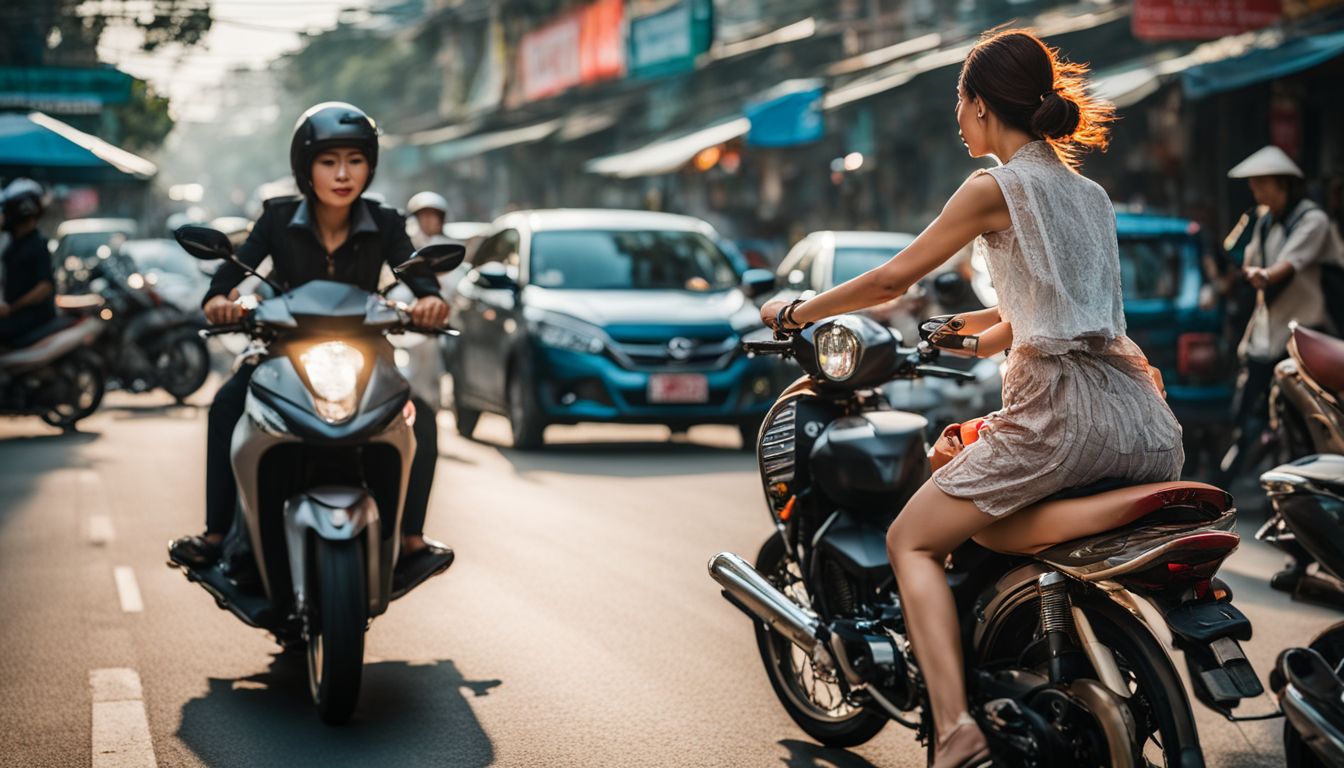 A woman rides a motorbike through the busy streets of Saigon, capturing the bustling atmosphere in vivid detail.