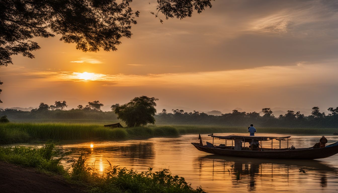 A tranquil sunset view of the Mekong River surrounded by lush greenery and traditional boats.