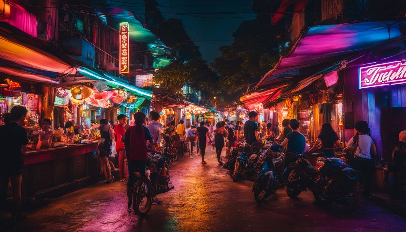 A lively street in Vietnam at night, filled with vibrant bars and colorful neon lights.