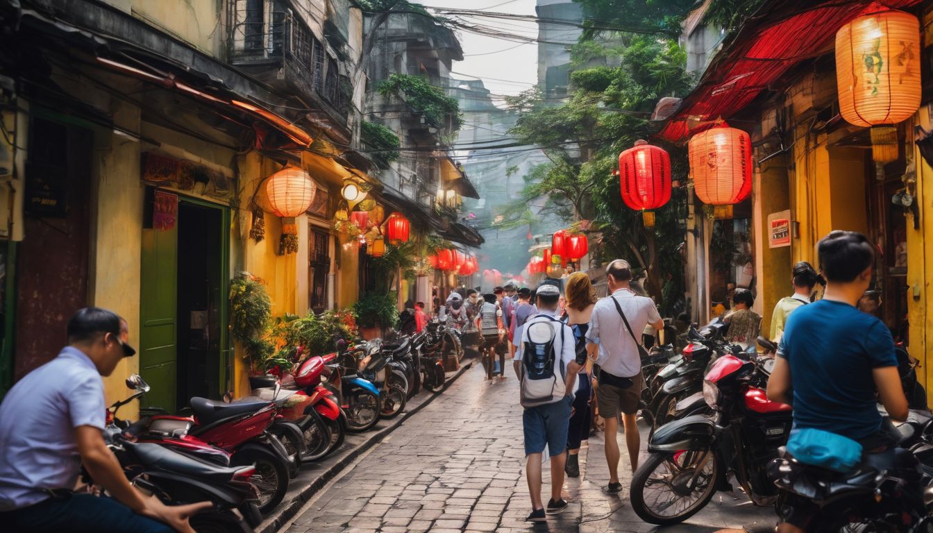 A group of tourists explore the vibrant streets of Hanoi, capturing the bustling atmosphere through their camera lenses.