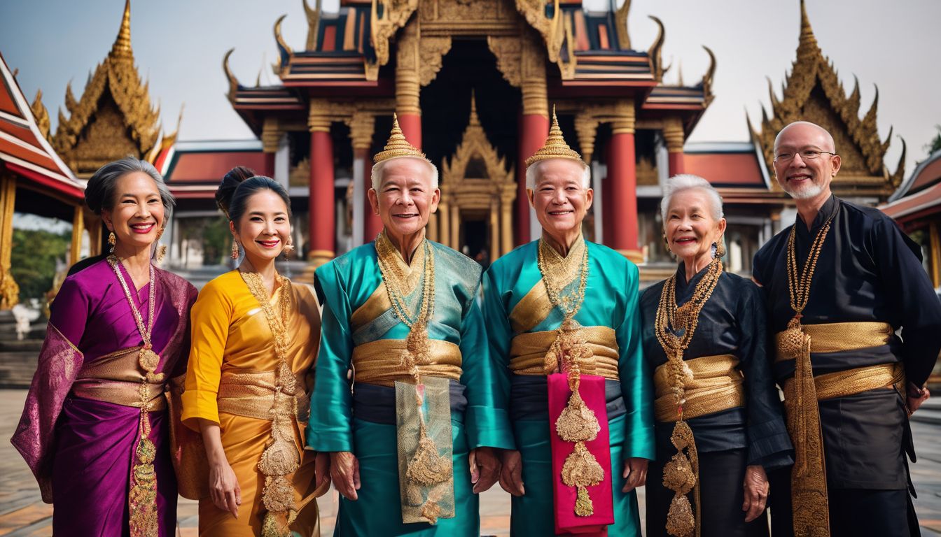 A group of seniors wearing traditional Thai clothing pose in front of a majestic temple.