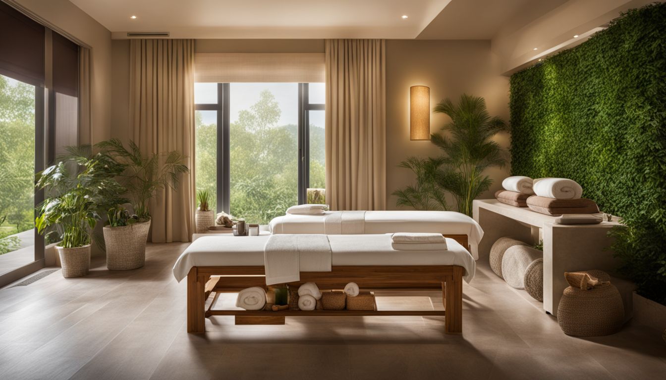 An elegant spa room with plush towels, soothing greenery, and a bustling atmosphere.