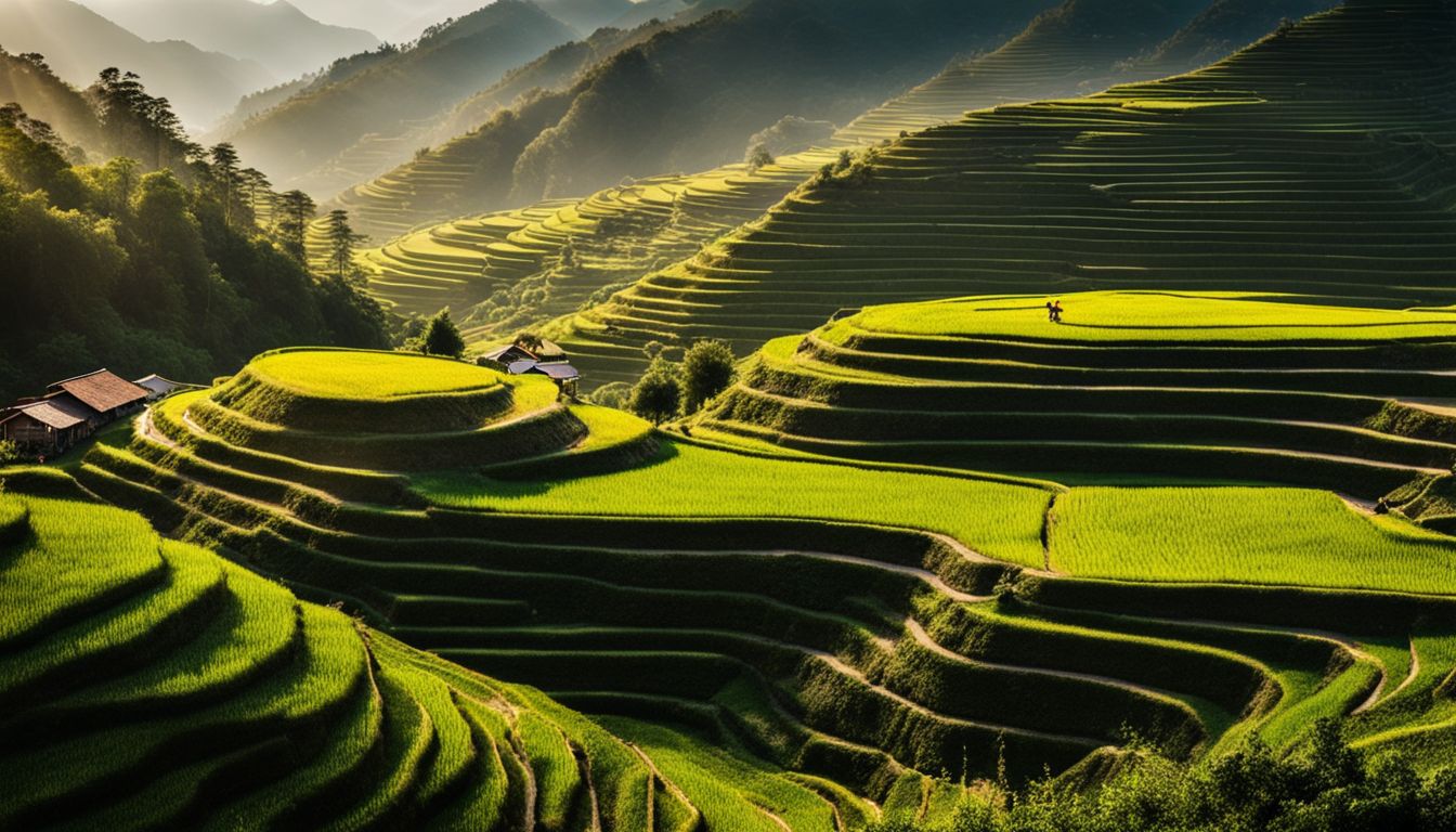 A stunning panoramic view of the rice terraces in Sapa with diverse people and vibrant outfits.
