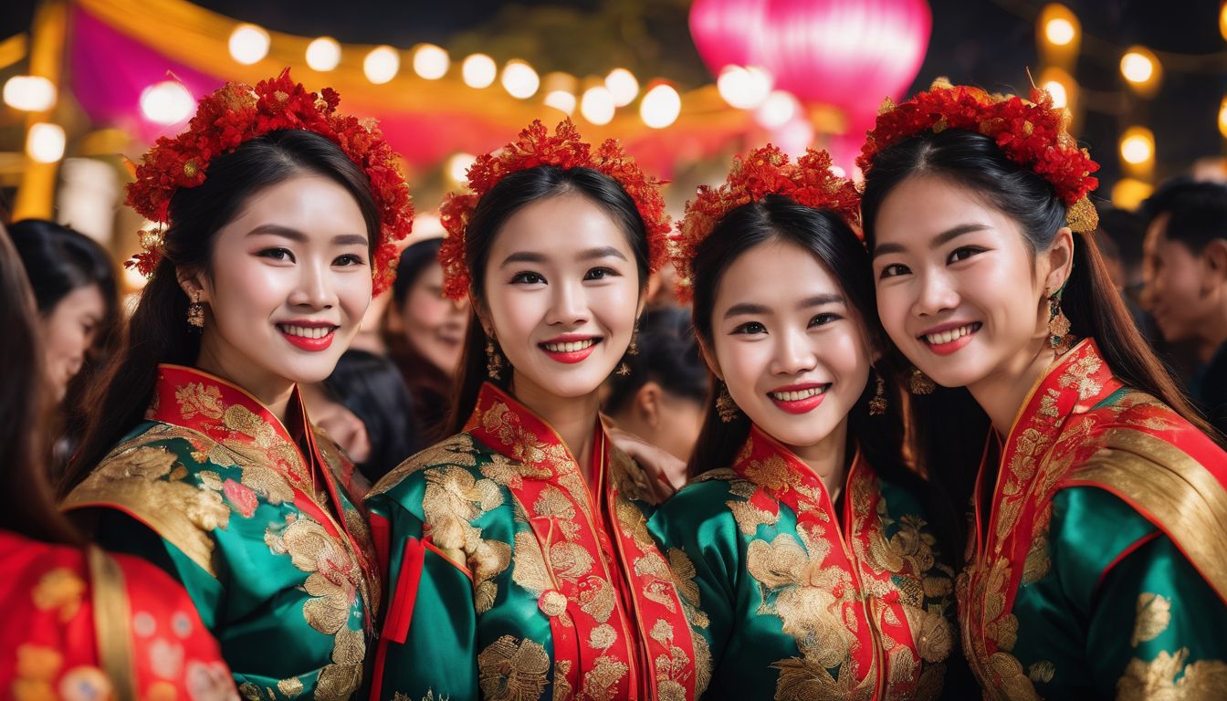 A diverse group of people wearing traditional Vietnamese costumes dance joyfully at the Hanoi Winter Festival.