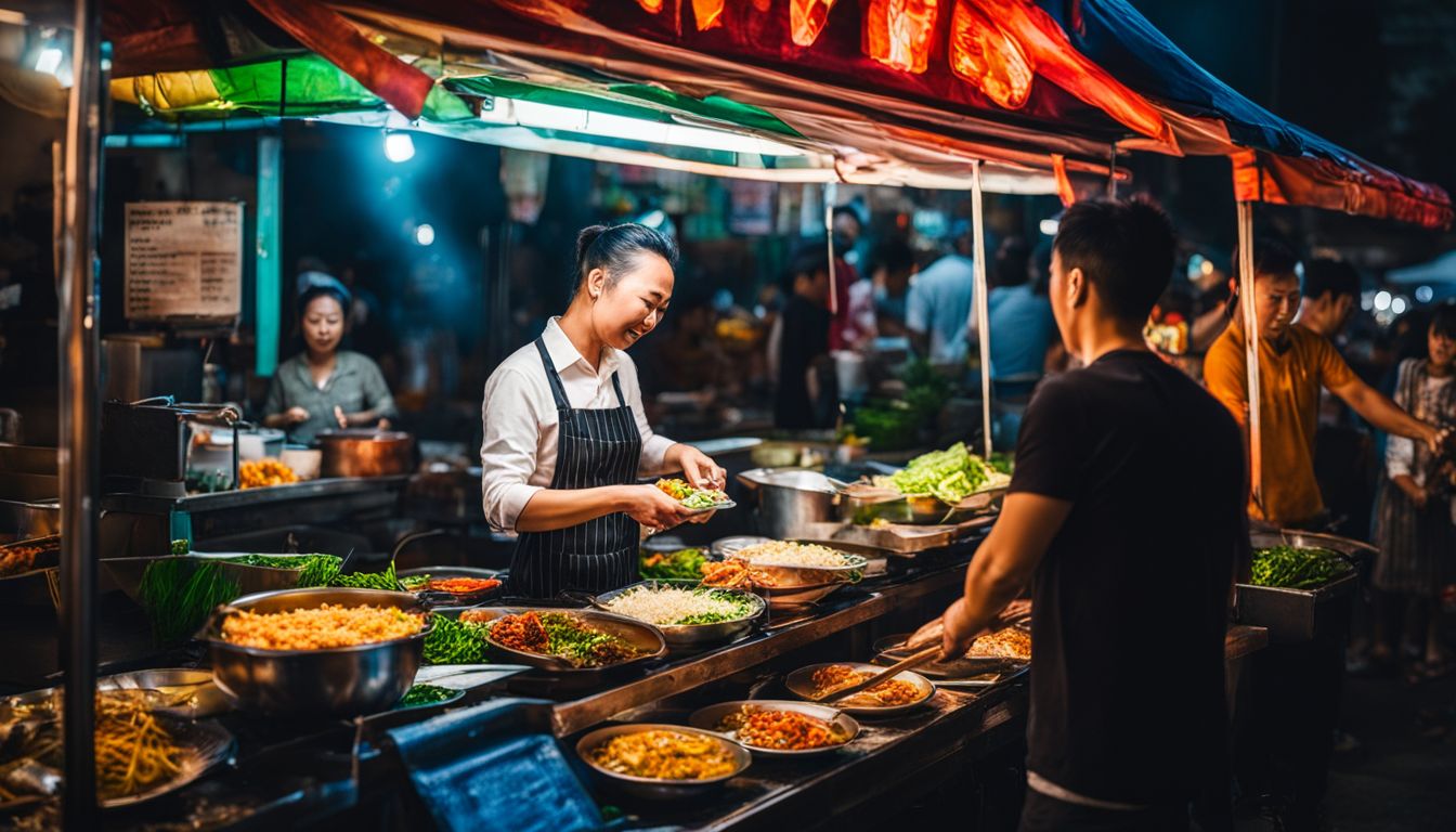 A street food vendor in Vietnam serving a variety of colorful dishes at night.
