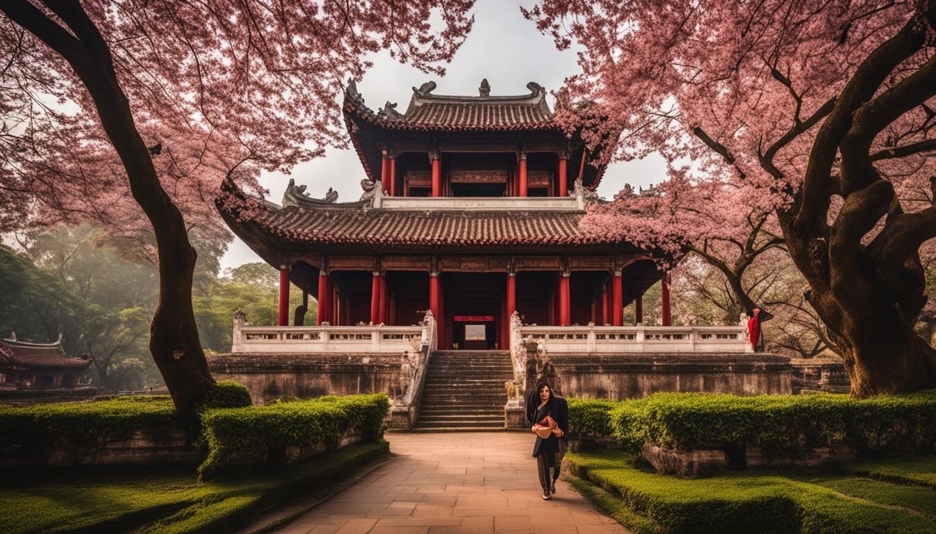 A stunning photograph of the Temple of Literature in Hanoi surrounded by cherry blossoms and a bustling atmosphere.