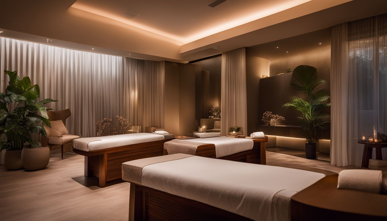A serene spa room with various people enjoying a relaxing atmosphere and soothing ambiance.