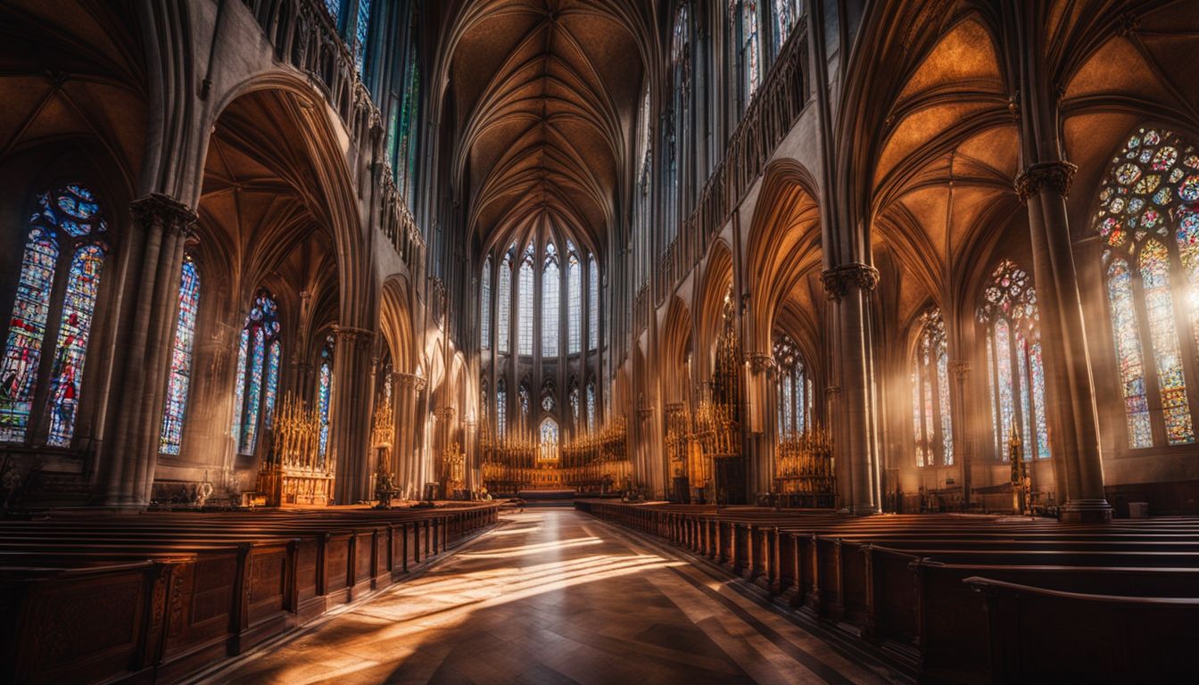 A stunning photograph of a bustling cathedral filled with natural sunlight streaming through stained glass windows.