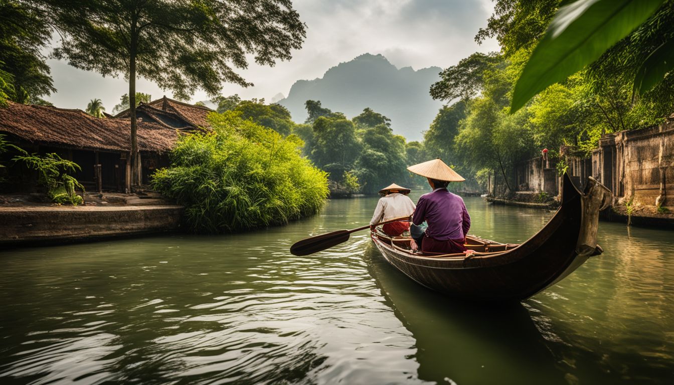 A traditional sampan boat navigates through lush greenery in narrow canals, capturing a bustling atmosphere in a serene setting.