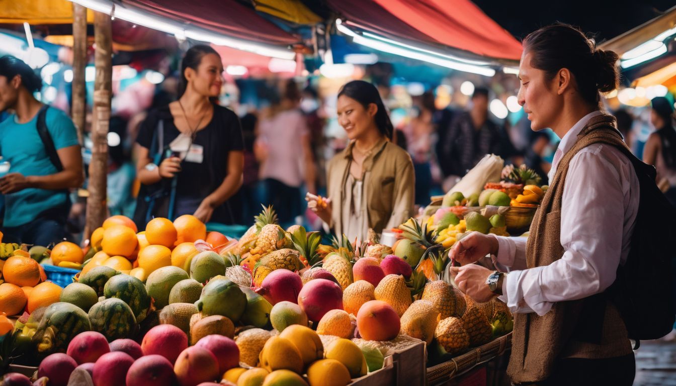 A vibrant street market filled with colorful fruits, Thai street food stalls, and a bustling atmosphere.