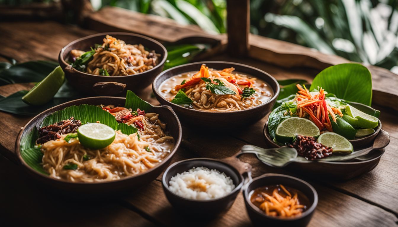 A photo of freshly prepared Thai dishes placed on a wooden table surrounded by palm trees.