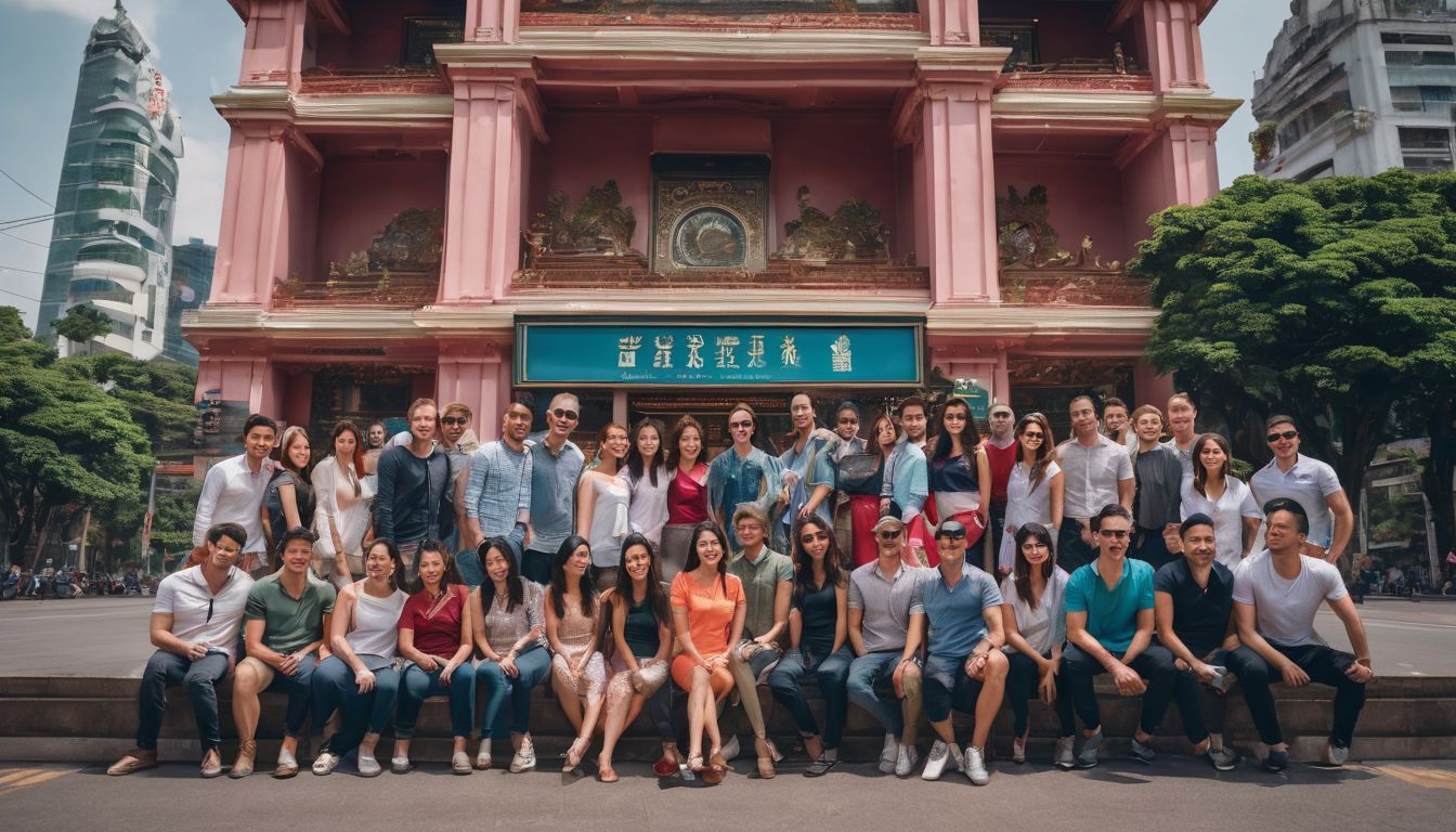 A group of diverse travelers pose in front of a landmark in Saigon.