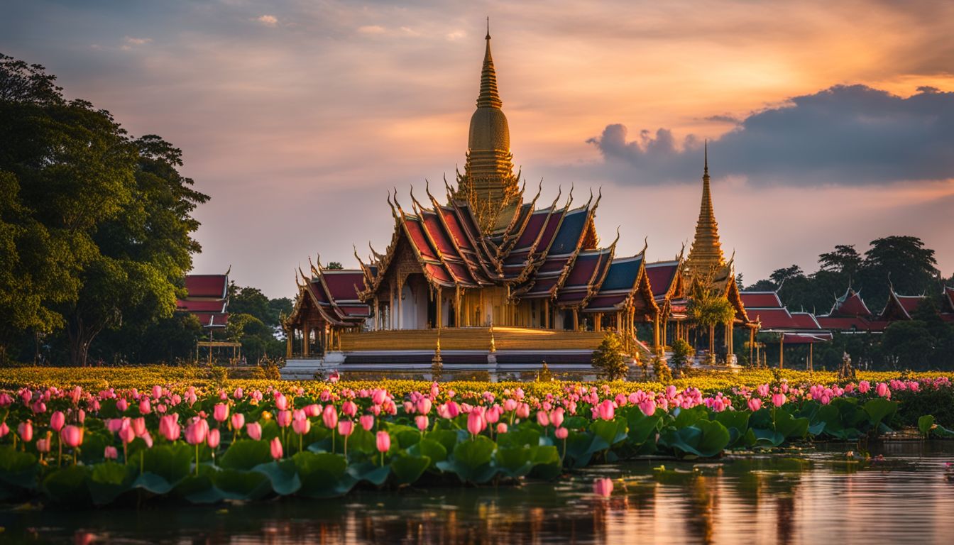 A photo of Wat Plai Laem at golden hour, showcasing the beauty of the temple surrounded by lotus ponds and a bustling atmosphere.
