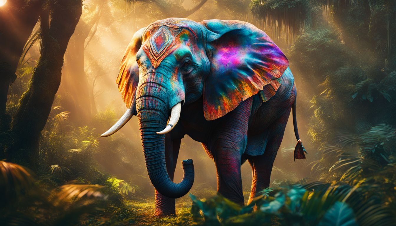 A vibrant 3D painting of a majestic elephant roaming through lush jungles, captured in crystal clear detail.