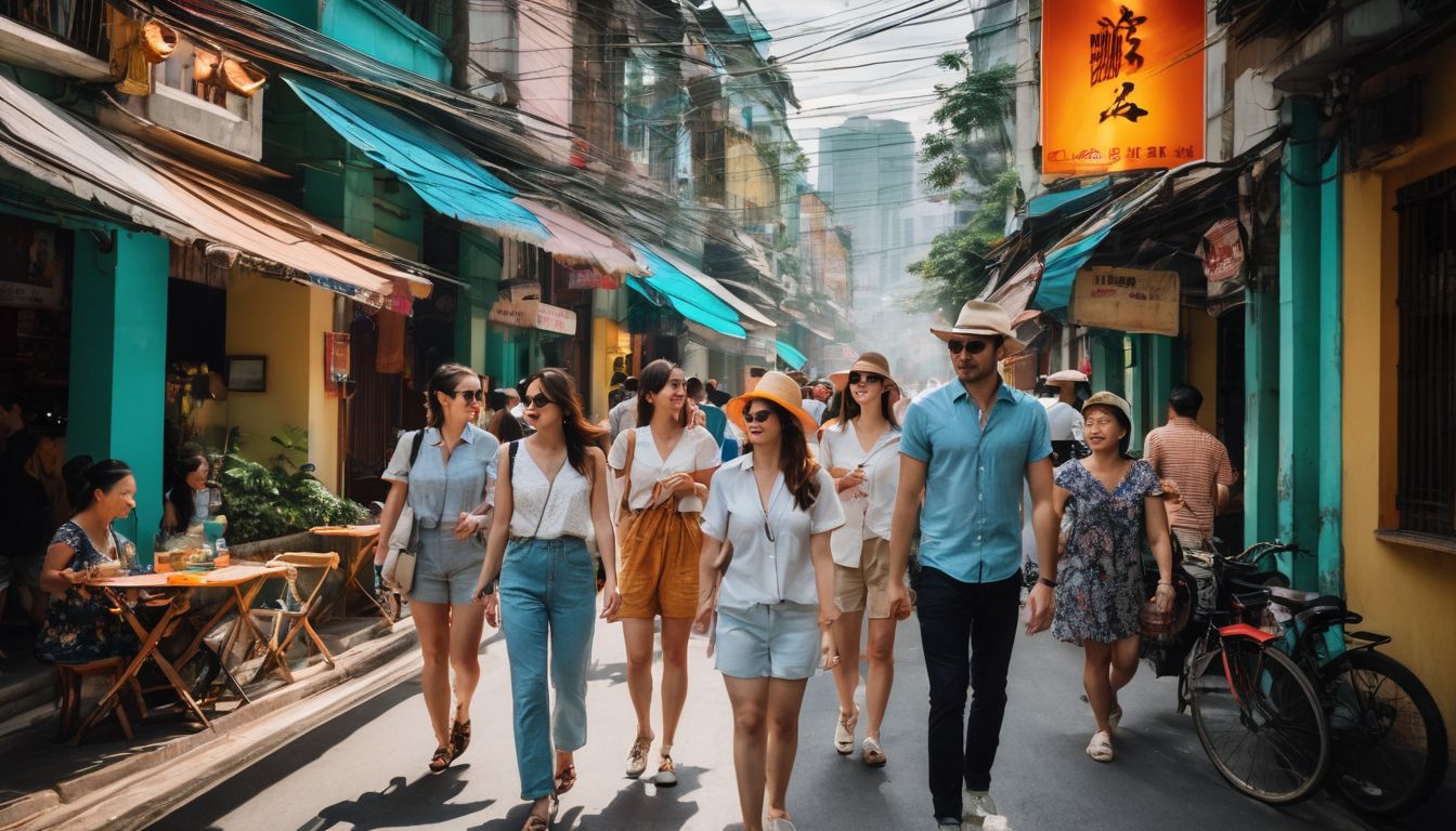 A diverse group of tourists explore the bustling streets of Ho Chi Minh City.