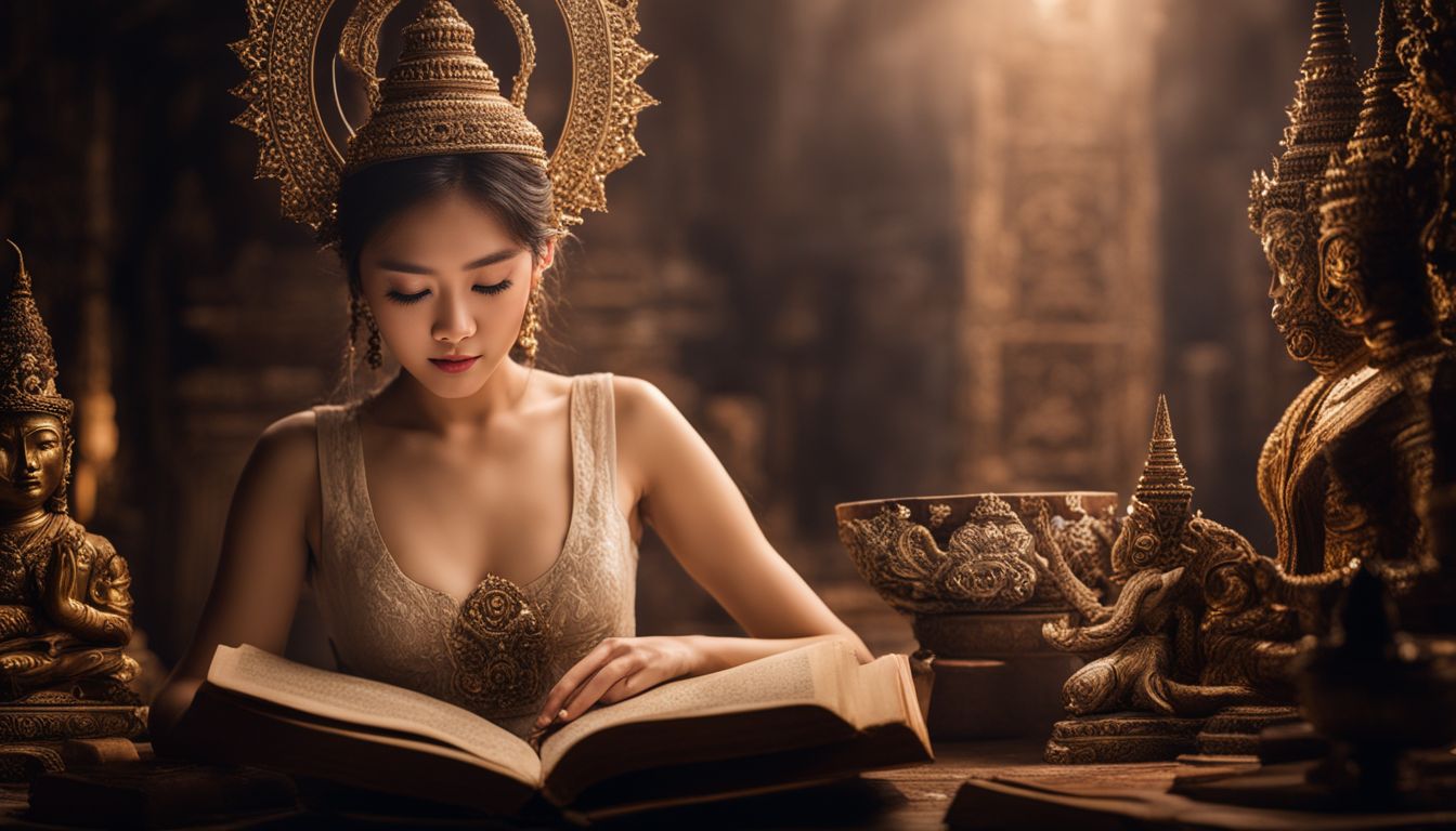 A young woman engrossed in a Thai short story book amidst ancient Thai artifacts.