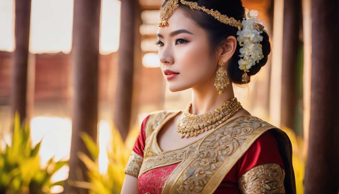 A woman in a traditional Thai costume surrounded by cultural artifacts.