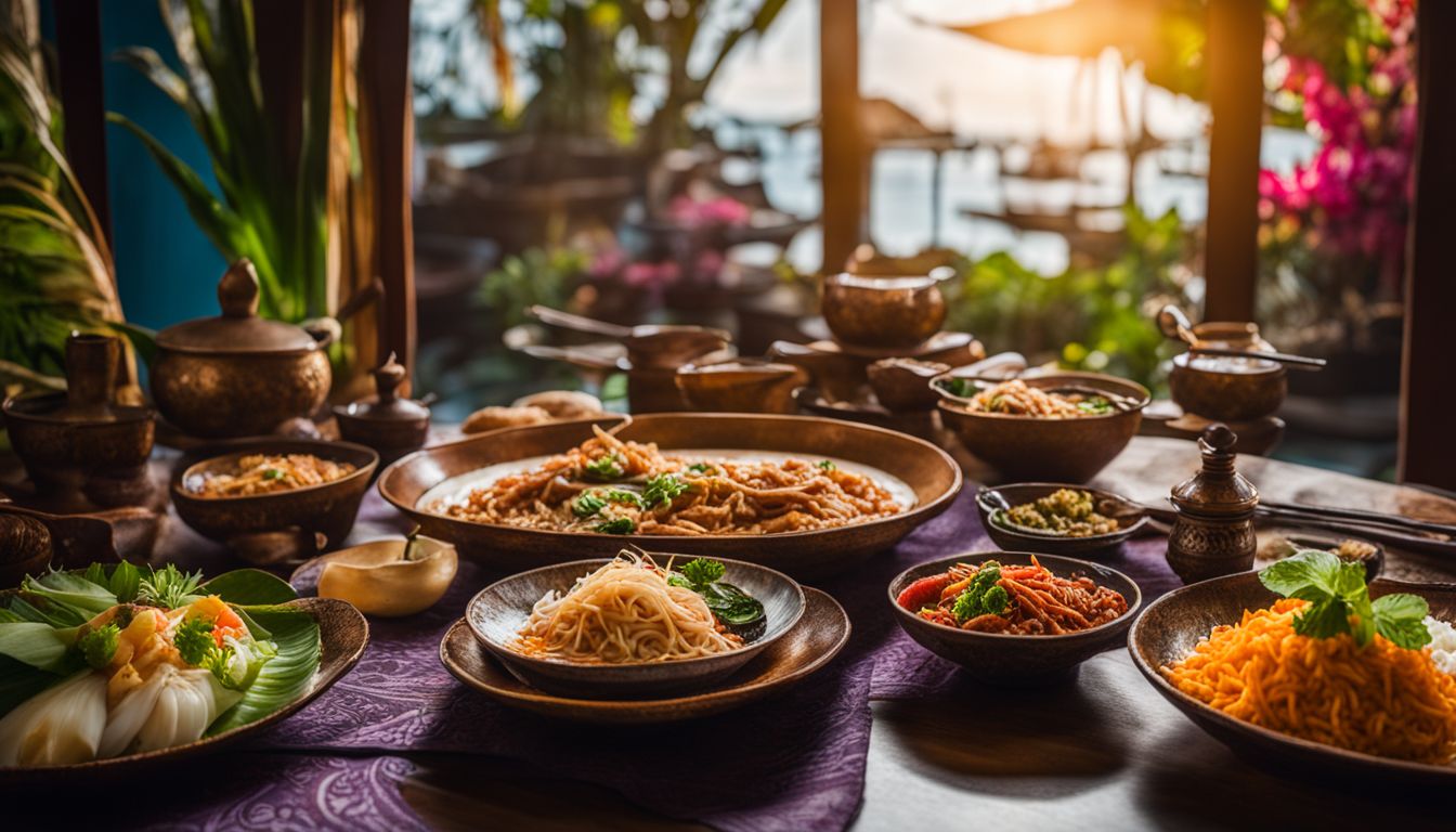 A table set with a variety of traditional Thai dishes against a vibrant Thai decor.