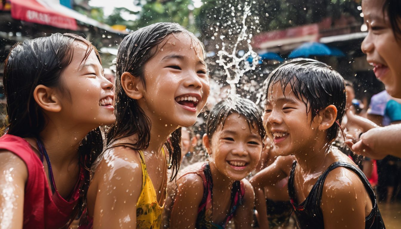 A group of happy Thai children playfully splash water at each other during the Songkran Festival.
