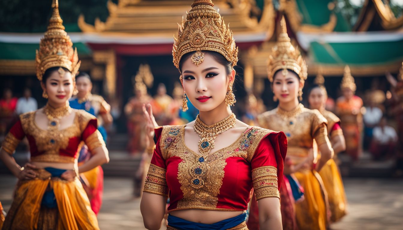 A photo of vibrant Thai dancers showcasing traditional dance in front of a temple.