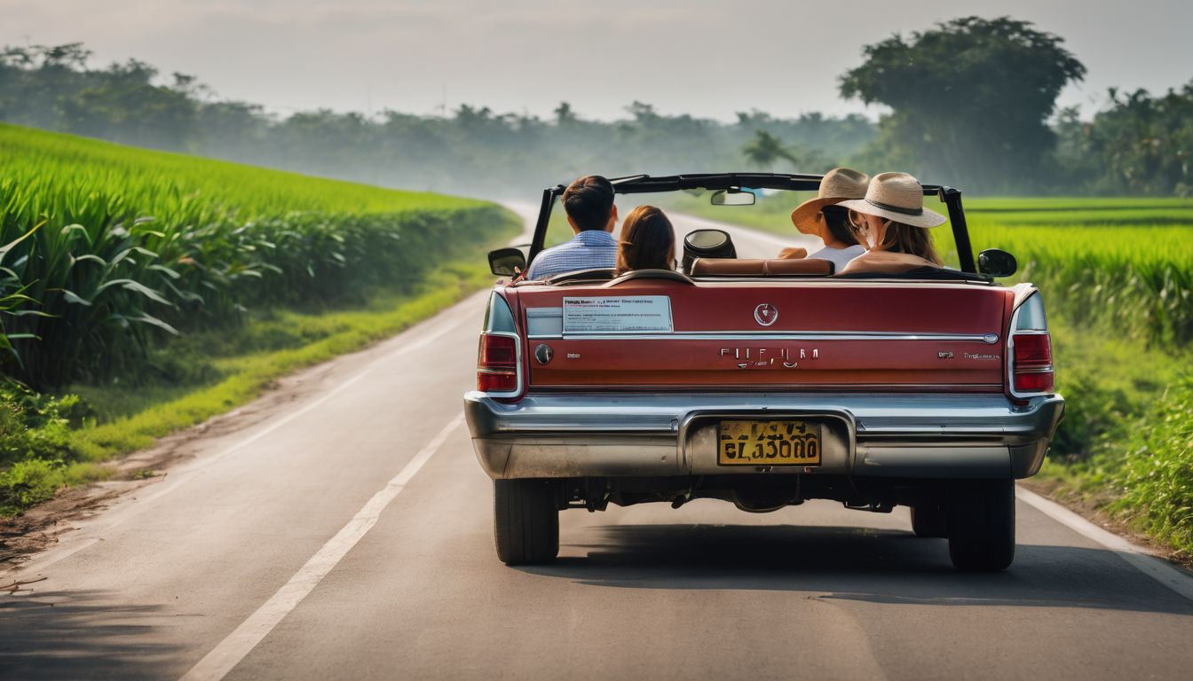 A family is driving in a convertible car through the scenic roads of the Mekong Delta with luggage.