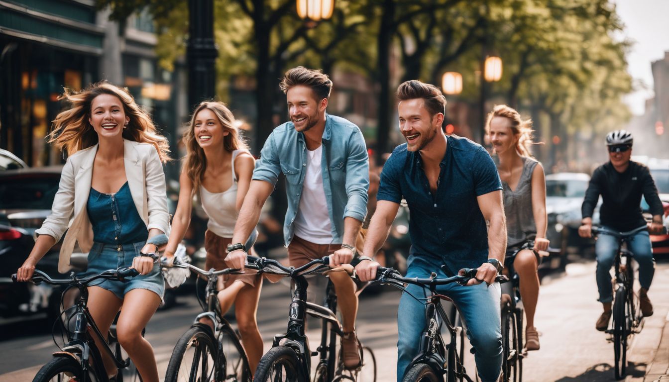 A diverse group of friends explores the city by bicycle, capturing the bustling atmosphere in crystal-clear, photorealistic images.