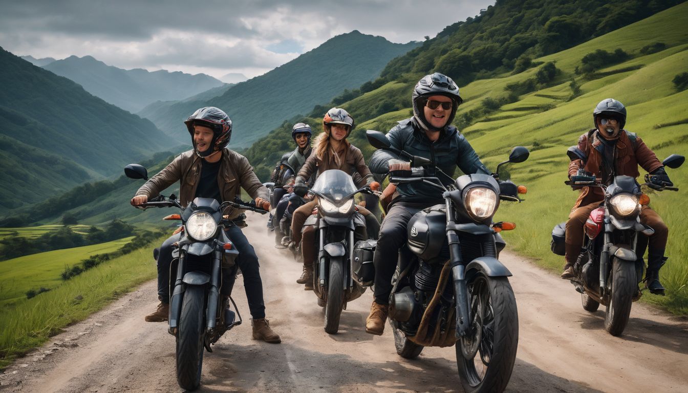 A diverse group of travelers explore the countryside on a motorbike adventure.