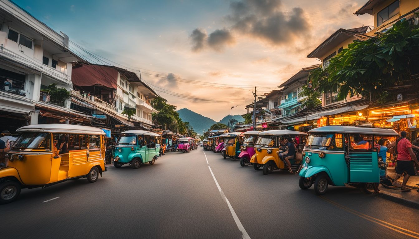 A vibrant street scene on Koh Samui with colorful taxis and bustling activity.