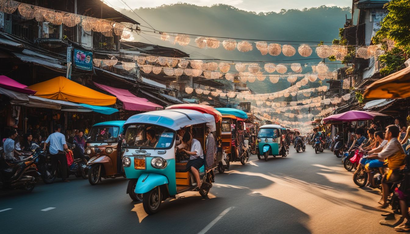 A lively street in Chiang Rai filled with vibrant tuk-tuks, motorbikes, and diverse people.