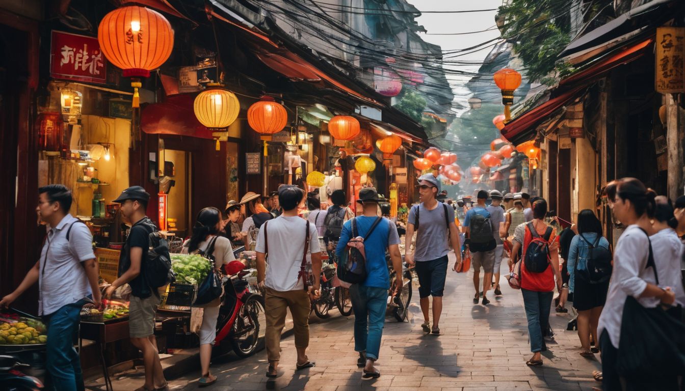 A group of diverse tourists explore the bustling streets of Hanoi, captured in a crystal clear and cinematic photograph.