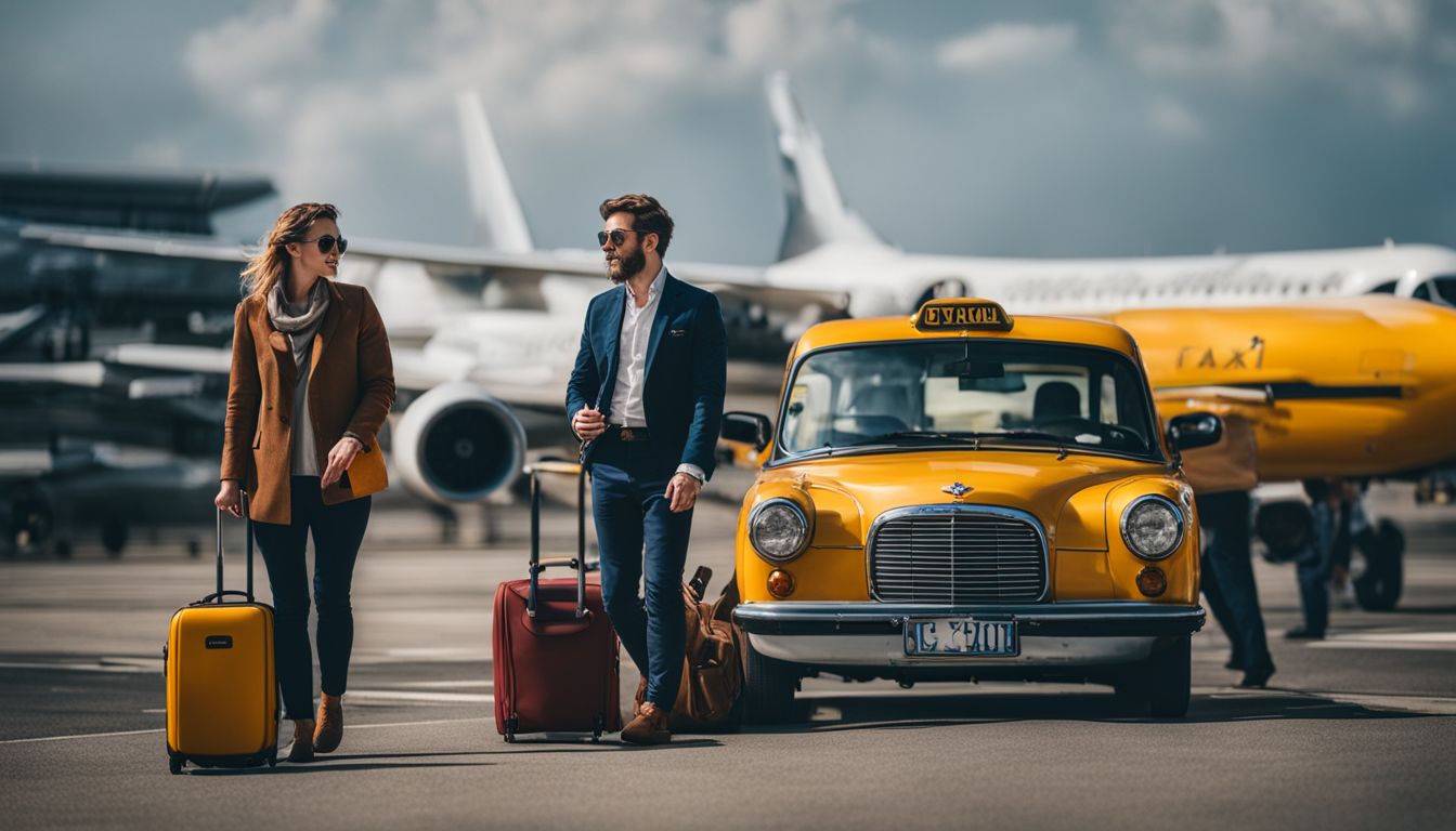 A traveler with a passport and luggage stands next to a taxi outside an airport in a bustling atmosphere.