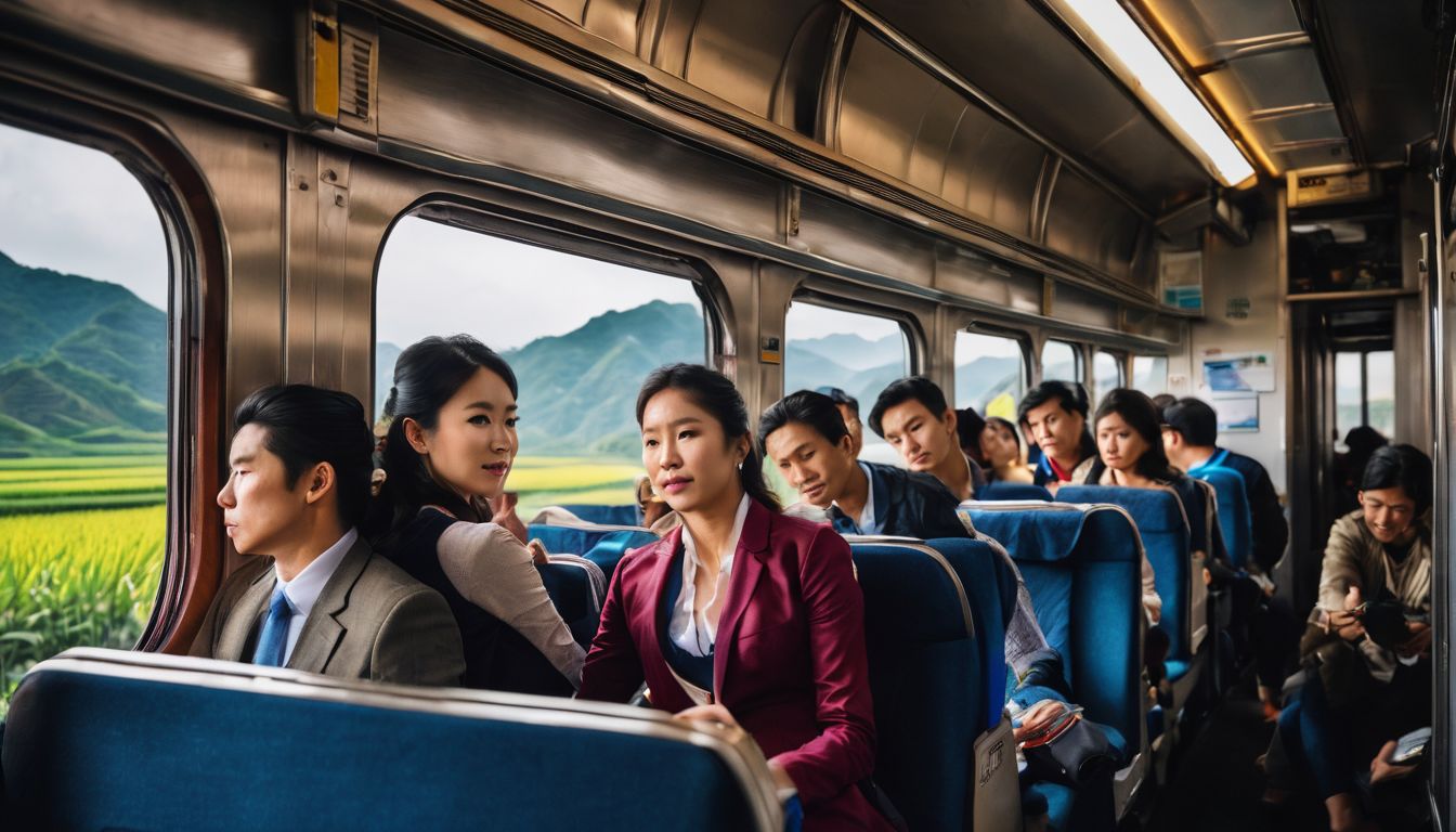 A group of passengers enjoy the scenic Vietnamese countryside from a crowded train car.
