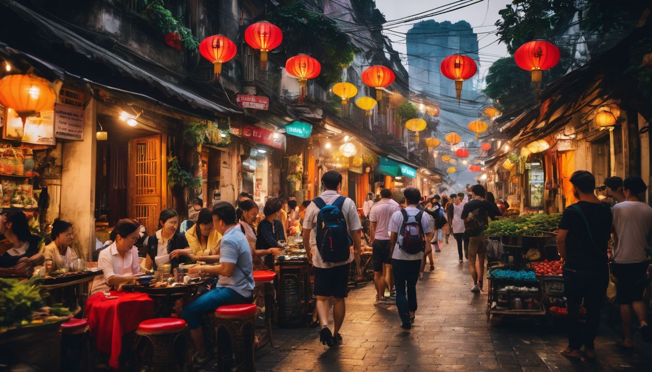 A diverse group of travelers explore the vibrant streets of Hanoi in a bustling atmosphere.